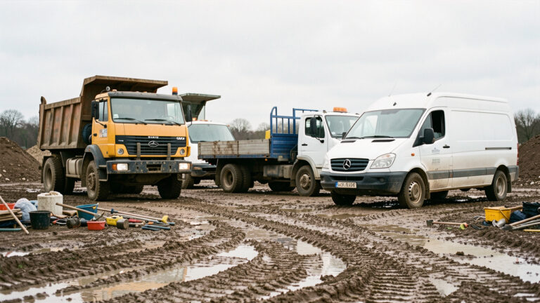 Photo réaliste sur un chantier boueux montrant trois utilitaires d’occasion : une benne, un plateau et un fourgon, garés à proximité d’outils et de matériaux.