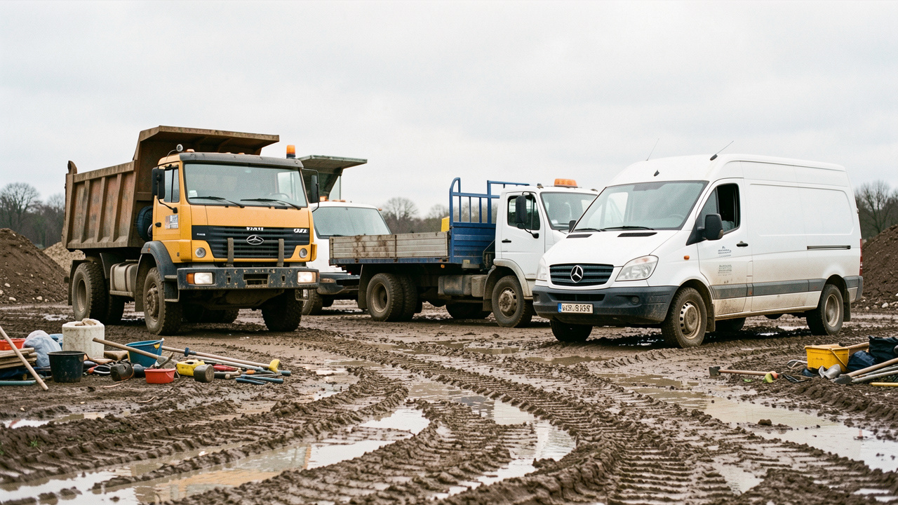 Photo réaliste sur un chantier boueux montrant trois utilitaires d’occasion : une benne, un plateau et un fourgon, garés à proximité d’outils et de matériaux.