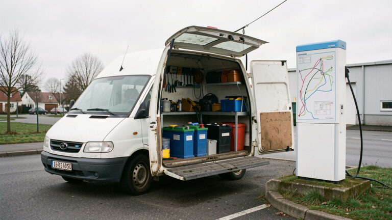 Utilitaire électrique d’occasion stationné près d’une borne de recharge, avec son espace de chargement et des équipements professionnels visibles.