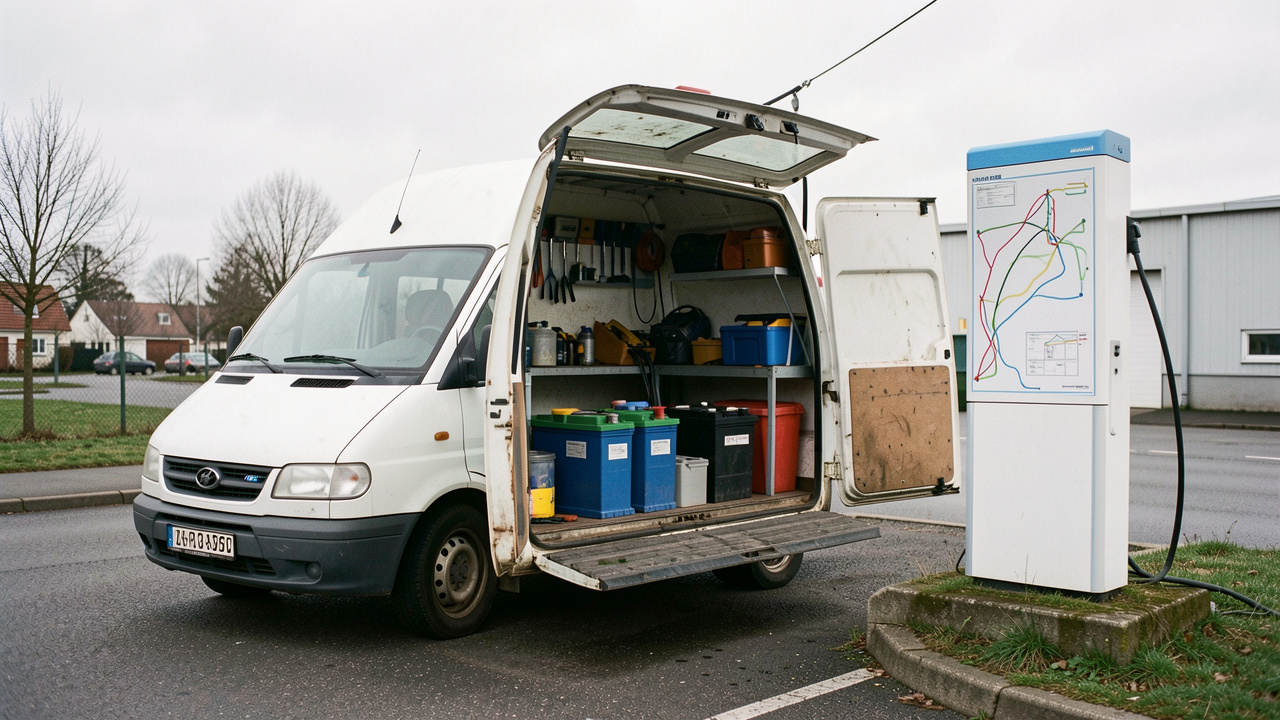 Utilitaire électrique d’occasion stationné près d’une borne de recharge, avec son espace de chargement et des équipements professionnels visibles.