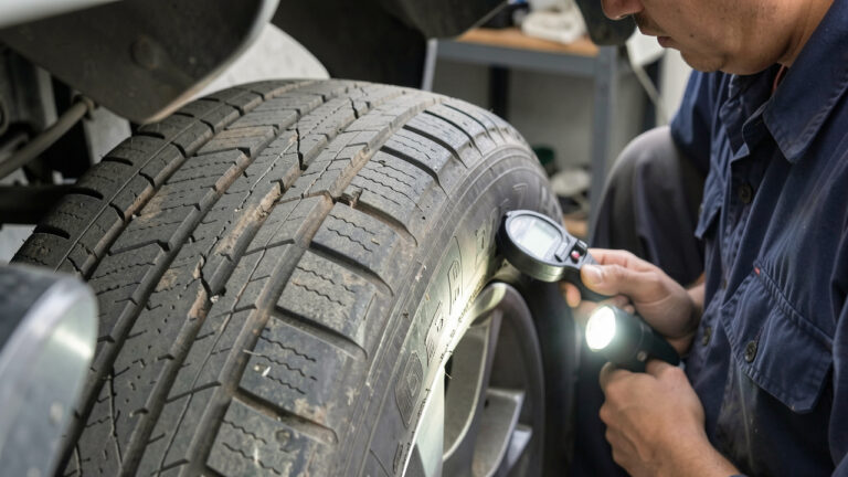 Gros plan d’un mécanicien inspectant le pneu usé d’une voiture d’occasion, avec une attention portée à la profondeur des sculptures, à l’usure irrégulière et aux fissures du flanc.