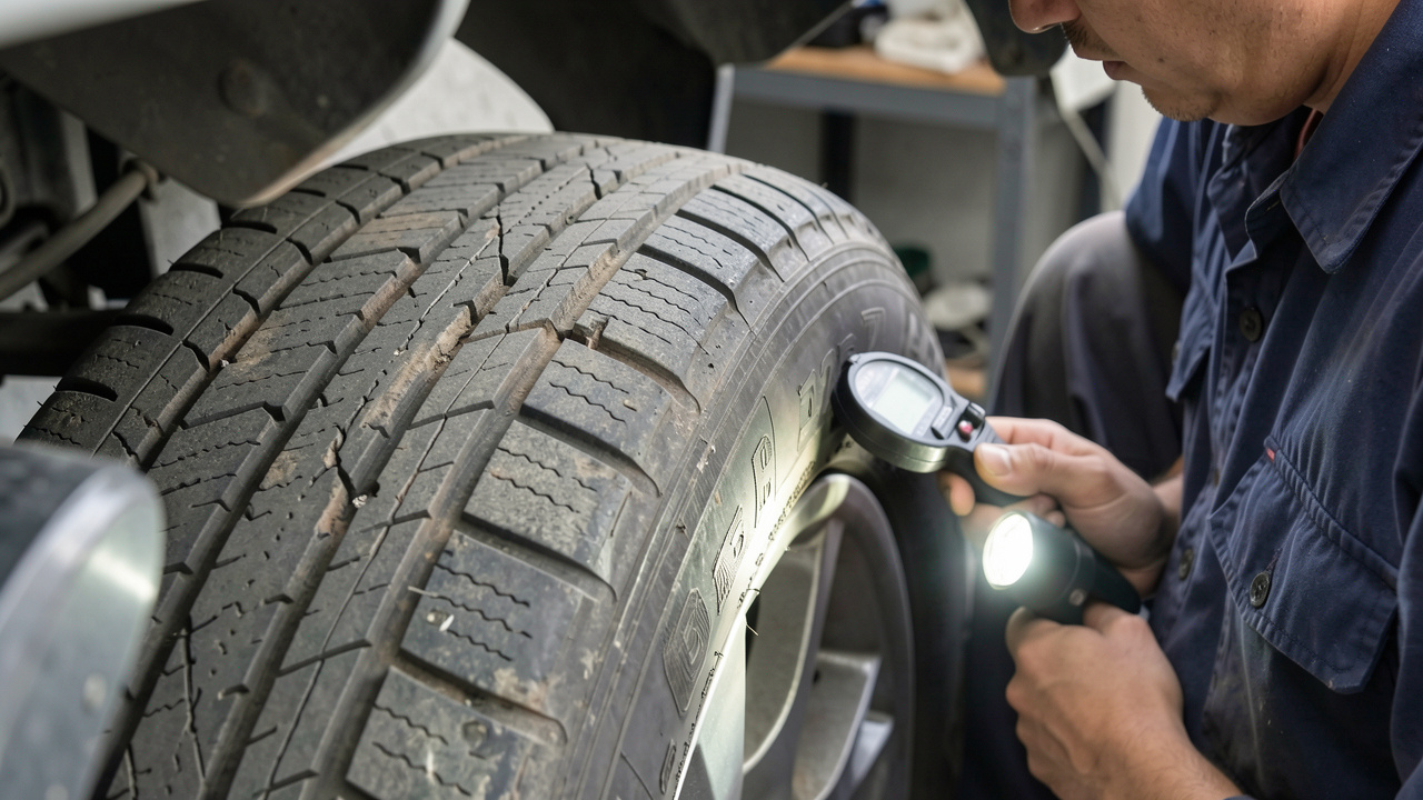 Gros plan d’un mécanicien inspectant le pneu usé d’une voiture d’occasion, avec une attention portée à la profondeur des sculptures, à l’usure irrégulière et aux fissures du flanc.