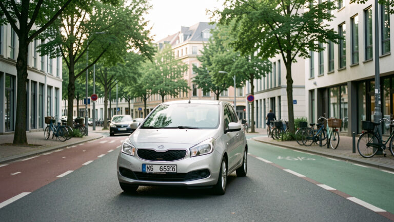 Voiture compacte d’occasion bien entretenue circulant dans une ville européenne moderne et végétalisée, illustrant une mobilité durable en zone à faibles émissions.